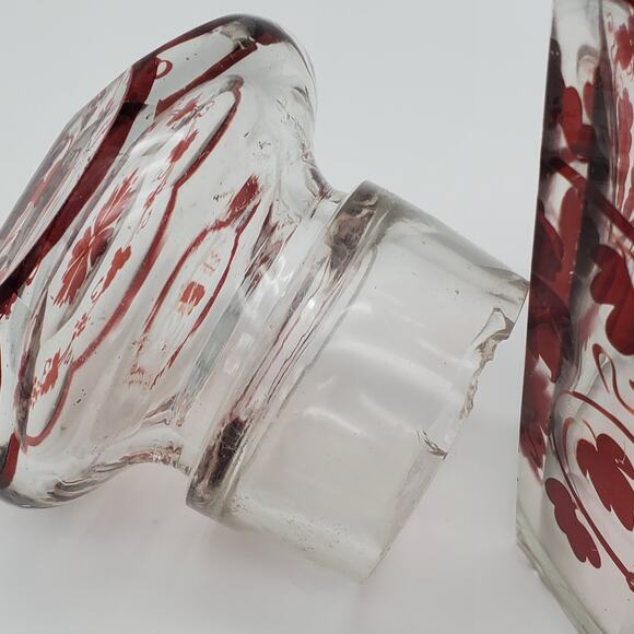 Antique Glass Panel Apothecary Jar Ruby Red Flash Grape Vine Leaf Clear Dome Lid - Picture 6 of 14